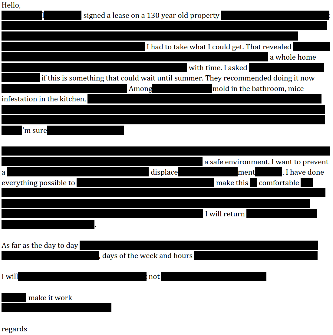 blackout poetry made from an email recieved from a landlord